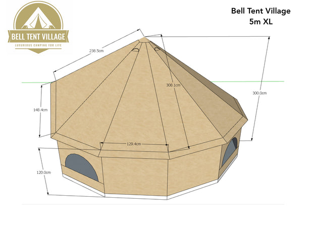 BTV 4 - 4m, 5m or 6m XL (1.2m High Walls) Water Resistant & Fire Retardant Cotton Canvas Bell Tent With Stove Hole (Single Door)
